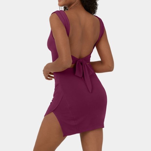 Halara Purple Tie Open Back Sleeveless Lace Up Split Hem Dress Red Violet - Picture 6 of 14